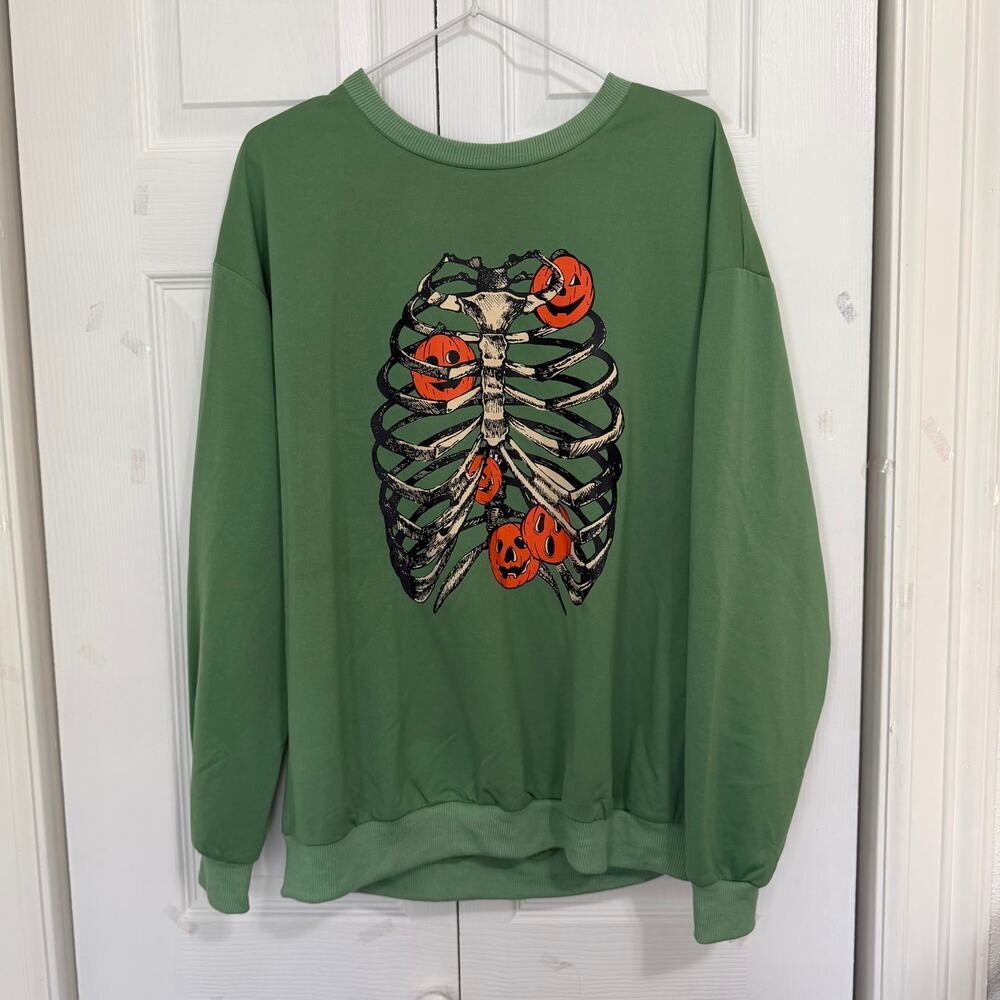NWT Romwe Green Skeleton Print Crewneck Sweatshirt L